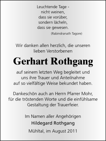 Traueranzeige von Gerhart Rothgang von Echo-Zeitungen (Gesamtausgabe)
