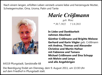 Traueranzeige von Marie Crößmann von Echo-Zeitungen (Gesamtausgabe)
