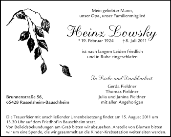 Traueranzeige von Heinz Lowsky von Rüsselsheimer Echo, Groß-Gerauer-Echo, Ried Echo