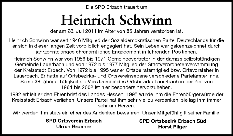  Traueranzeige für Heinrich Schwinn vom 06.08.2011 aus Odenwälder Echo