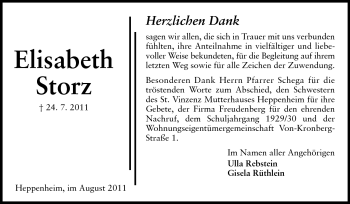Traueranzeige von Elisabeth Storz von Starkenburger Echo