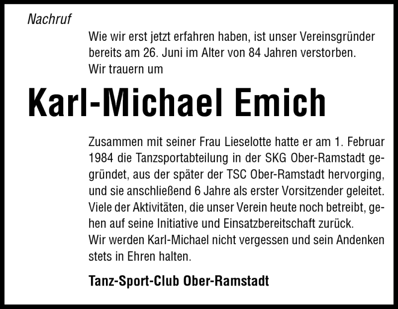  Traueranzeige für Karl-Michael Emich vom 13.08.2011 aus Darmstädter Echo, Odenwälder Echo, Rüsselsheimer Echo, Groß-Gerauer-Echo, Ried Echo
