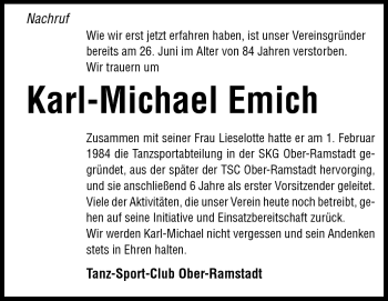 Traueranzeige von Karl-Michael Emich von Darmstädter Echo, Odenwälder Echo, Rüsselsheimer Echo, Groß-Gerauer-Echo, Ried Echo