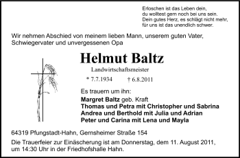 Traueranzeige von Helmut Baltz von Echo-Zeitungen (Gesamtausgabe)