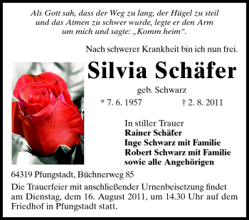 Traueranzeige von Silvia Schäfer von Echo-Zeitungen (Gesamtausgabe)