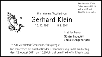 Traueranzeige von Gerhard Klein von Odenwälder Echo