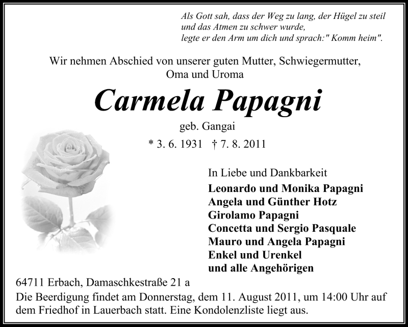  Traueranzeige für Carmela Papagni vom 09.08.2011 aus Odenwälder Echo