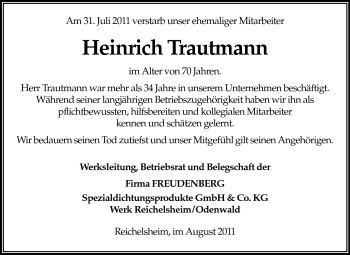 Traueranzeige von Heinrich Trautmann von Odenwälder Echo