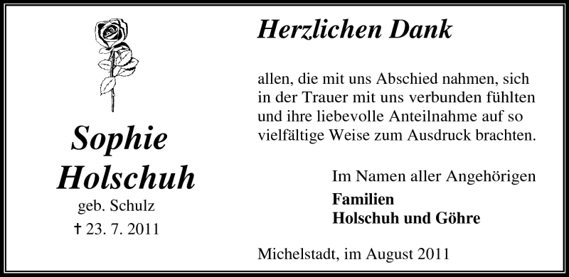  Traueranzeige für Sophie Holschuh vom 13.08.2011 aus Odenwälder Echo