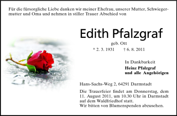 Traueranzeige von Edith Pfalzgraf von Darmstädter Echo, Odenwälder Echo, Rüsselsheimer Echo, Groß-Gerauer-Echo, Ried Echo