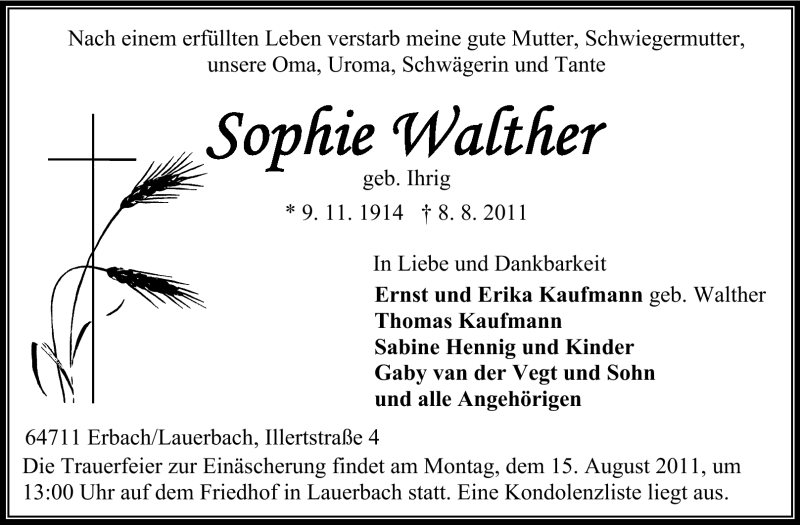  Traueranzeige für Sophie Walther vom 10.08.2011 aus Odenwälder Echo