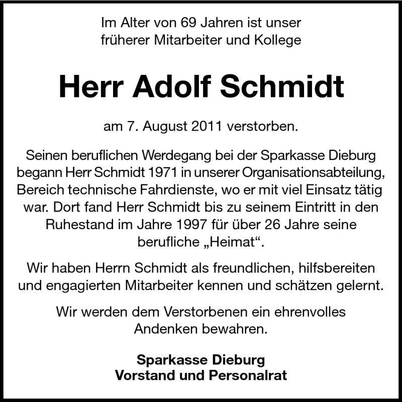  Traueranzeige für Adolf Schmidt vom 10.08.2011 aus Darmstädter Echo, Odenwälder Echo, Rüsselsheimer Echo, Groß-Gerauer-Echo, Ried Echo