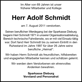 Traueranzeige von Adolf Schmidt von Darmstädter Echo, Odenwälder Echo, Rüsselsheimer Echo, Groß-Gerauer-Echo, Ried Echo