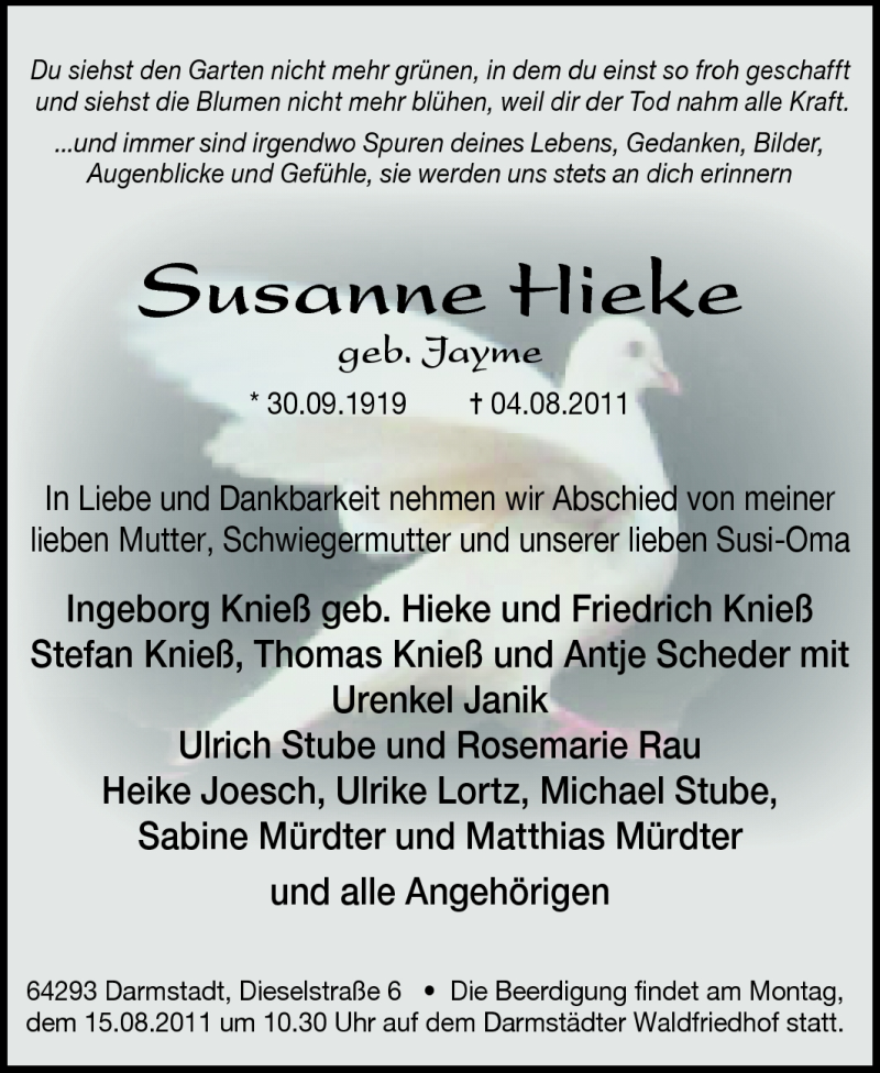  Traueranzeige für Susanne Hieke vom 10.08.2011 aus Echo-Zeitungen (Gesamtausgabe)