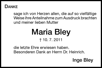 Traueranzeige von Maria Bley von Echo-Zeitungen (Gesamtausgabe)