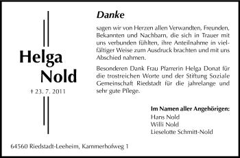 Traueranzeige von Helga Nold von Rüsselsheimer Echo, Groß-Gerauer-Echo, Ried Echo