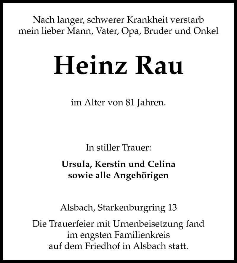  Traueranzeige für Heinz Rau vom 13.08.2011 aus Echo-Zeitungen (Gesamtausgabe)