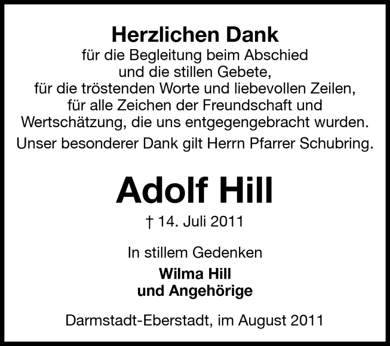  Traueranzeige für Adolf Hill vom 13.08.2011 aus Echo-Zeitungen (Gesamtausgabe)