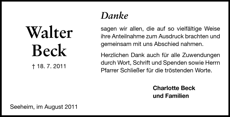  Traueranzeige für Walter Beck vom 13.08.2011 aus Echo-Zeitungen (Gesamtausgabe)