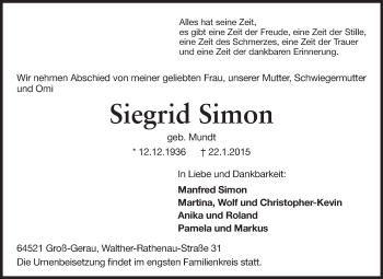Traueranzeige von Siegrid Simon von Rüsselsheimer Echo, Groß-Gerauer-Echo, Ried Echo