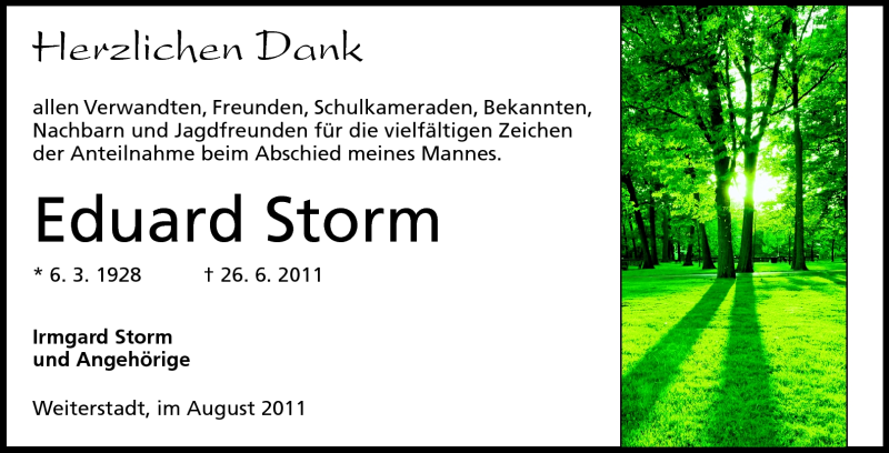  Traueranzeige für Eduard Storm vom 13.08.2011 aus Echo-Zeitungen (Gesamtausgabe)
