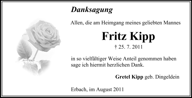  Traueranzeige für Fritz Kipp vom 12.08.2011 aus Odenwälder Echo