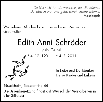 Traueranzeige von Edith Anni Schröder von Rüsselsheimer Echo, Groß-Gerauer-Echo, Ried Echo