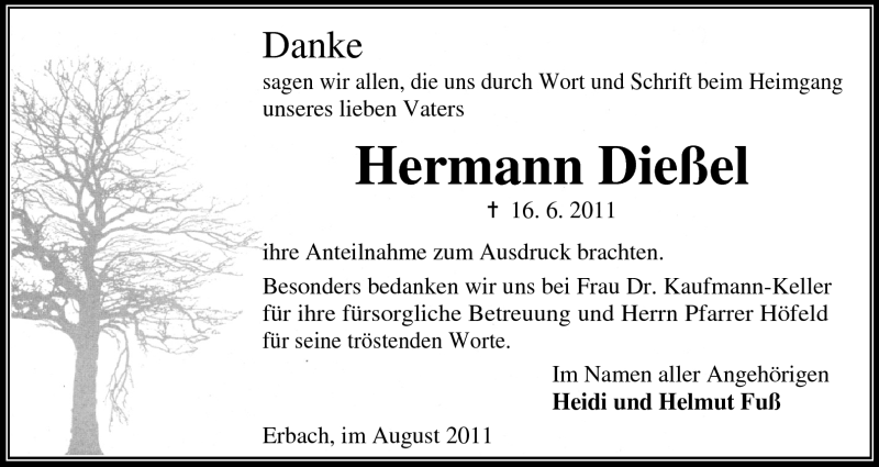  Traueranzeige für Hermann Dießel vom 13.08.2011 aus Odenwälder Echo