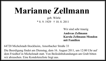 Traueranzeige von Marianne Zellmann von Odenwälder Echo