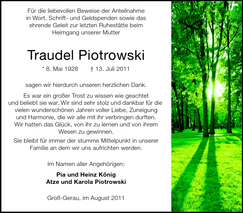  Traueranzeige für Edeltraut Piotrowski vom 13.08.2011 aus Rüsselsheimer Echo, Groß-Gerauer-Echo, Ried Echo