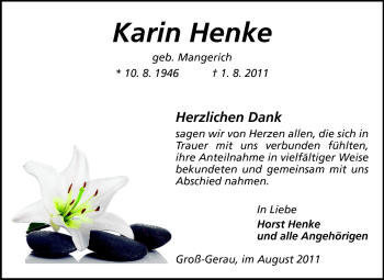 Traueranzeige von Karin Henke von Rüsselsheimer Echo, Groß-Gerauer-Echo, Ried Echo