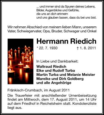 Traueranzeige von Hermann Riedich von Odenwälder Echo