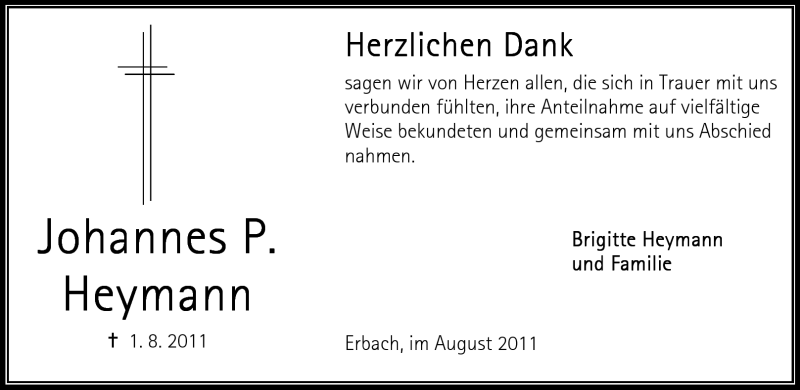  Traueranzeige für Johannes P. Heymann vom 17.08.2011 aus Odenwälder Echo