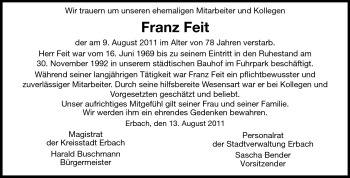 Traueranzeige von Franz Feit von Odenwälder Echo