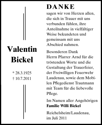 Traueranzeige von Valentin Bickel von Odenwälder Echo