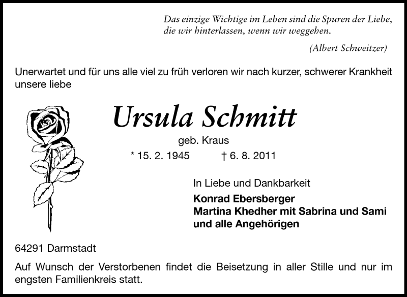  Traueranzeige für Ursula Schmitt vom 13.08.2011 aus Echo-Zeitungen (Gesamtausgabe)