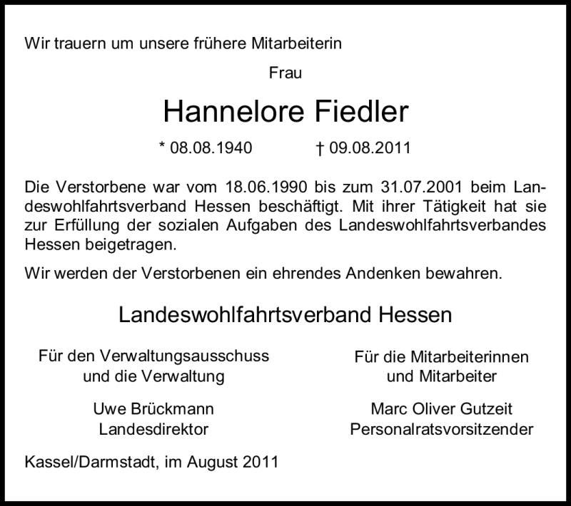  Traueranzeige für Hannelore Fiedler vom 13.08.2011 aus Echo-Zeitungen (Gesamtausgabe)