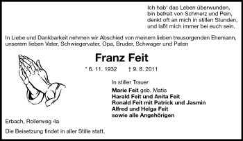 Traueranzeige von Franz Feit von Odenwälder Echo