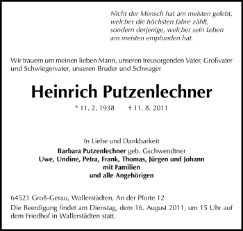 Traueranzeige von Heinrich Putzenlechner von Rüsselsheimer Echo, Groß-Gerauer-Echo, Ried Echo