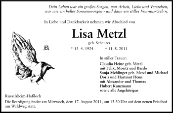 Traueranzeige von Lisa Metzl von Rüsselsheimer Echo, Groß-Gerauer-Echo, Ried Echo