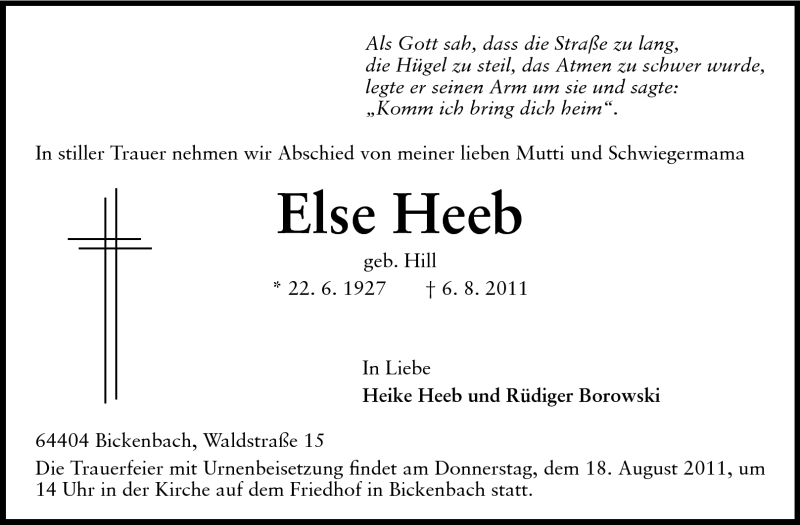  Traueranzeige für Else Heeb vom 15.08.2011 aus Echo-Zeitungen (Gesamtausgabe)