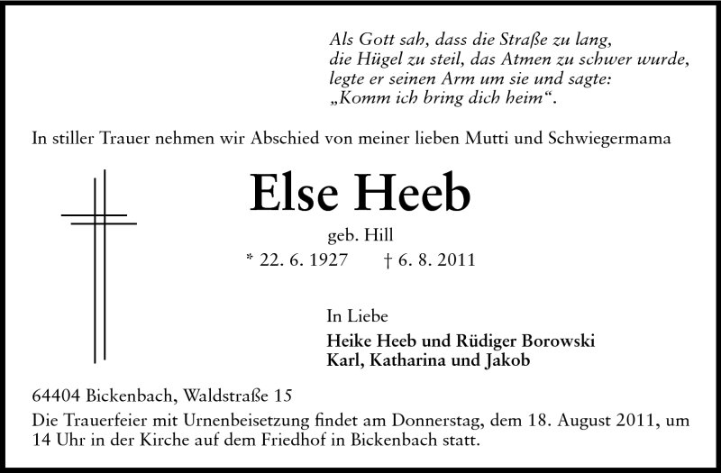 Traueranzeige für Else Heeb vom 15.08.2011 aus Echo-Zeitungen (Gesamtausgabe)