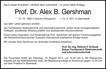 Traueranzeige von Alex Gershman von Echo-Zeitungen (Gesamtausgabe)
