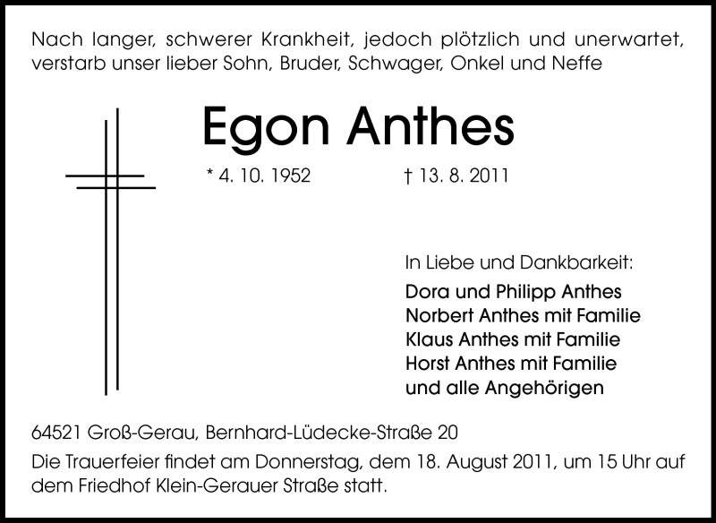  Traueranzeige für Egon Anthes vom 16.08.2011 aus Rüsselsheimer Echo, Groß-Gerauer-Echo, Ried Echo