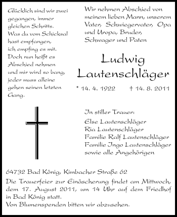 Traueranzeige von Ludwig Lautenschläger von Odenwälder Echo