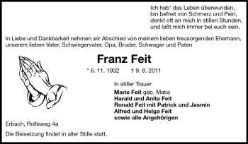 Traueranzeige von Franz Feit von Odenwälder Echo