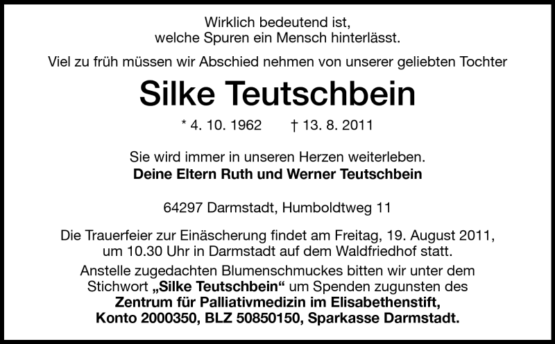  Traueranzeige für Silke Teutschbein vom 17.08.2011 aus Echo-Zeitungen (Gesamtausgabe)