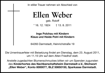 Traueranzeige von Ellen Weber von Echo-Zeitungen (Gesamtausgabe)