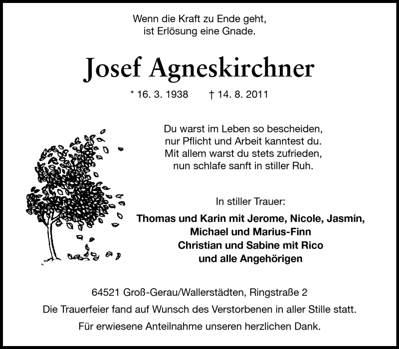  Traueranzeige für Josef Agneskirchner vom 27.08.2011 aus Rüsselsheimer Echo, Groß-Gerauer-Echo, Ried Echo