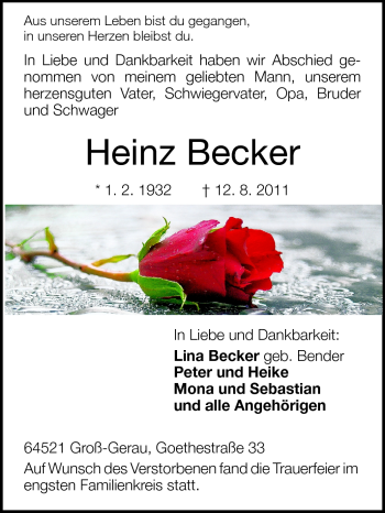 Traueranzeige von Heinz Becker von Rüsselsheimer Echo, Groß-Gerauer-Echo, Ried Echo
